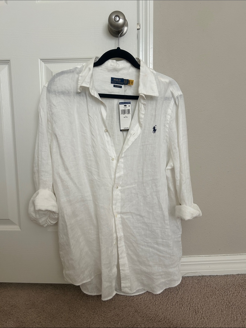 NWT Polo by Ralph Lauren White Linen Button-Down Shirt with Navy Pony